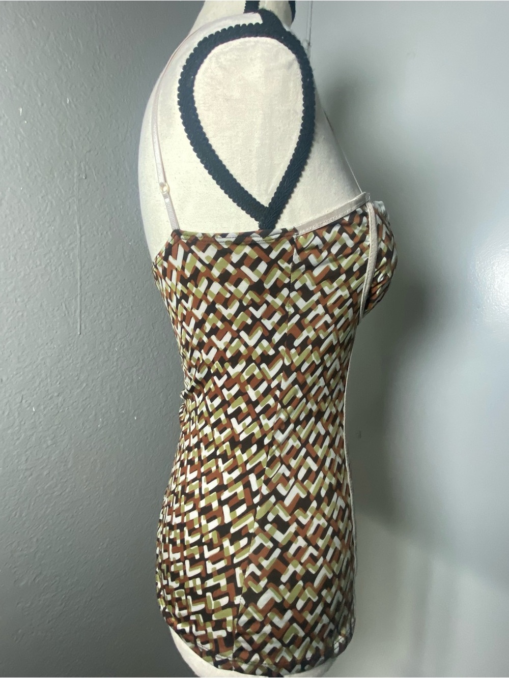 Y2K Green Brown & Grey Geometric Print Ruched Padded Bust Tank Top Size Medium - Picture 4 of 7